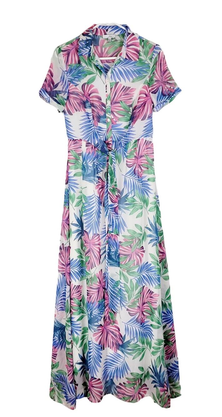 Vintage Jenn pink blue tropical tie front maxi shirt dress Sm Coconut Girl Retro